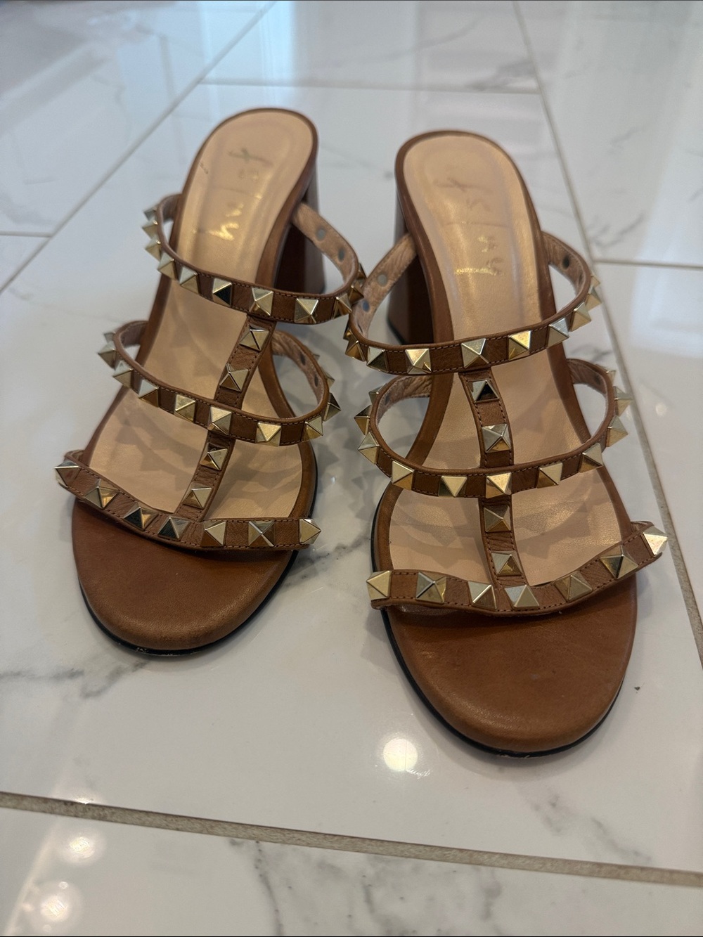 French Sole Brown Studded Strappy Slide Mules
